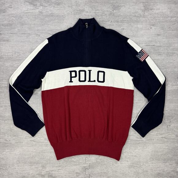 Polo Ralph Lauren Mens 1/4 Zip Sweater USA Flag Colorblock Spellout Sz L PREPPY - Picture 11 of 12